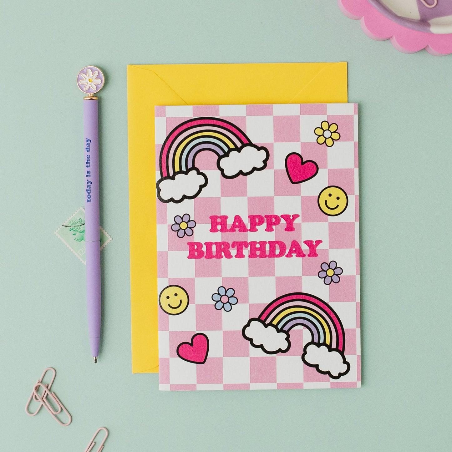 Pink Check Doodle Birthday Card