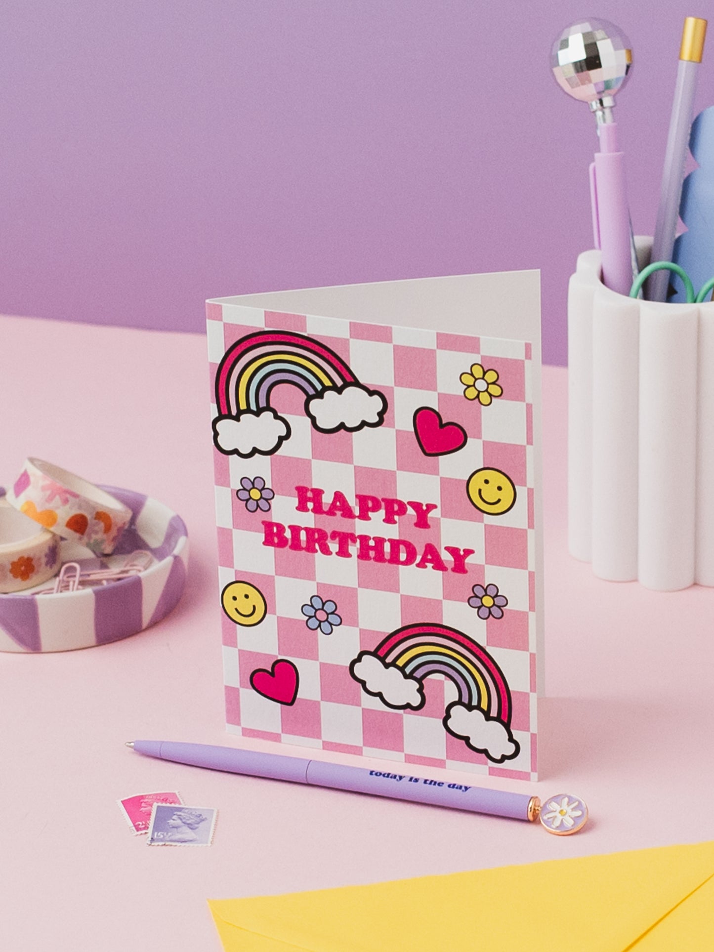 Pink Check Doodle Birthday Card