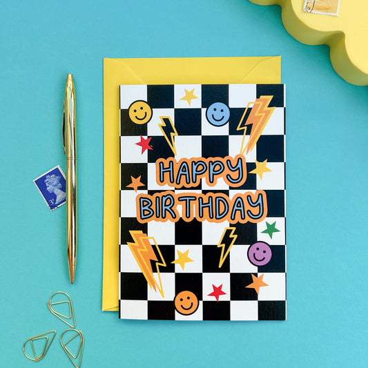 Happy Birthday Card – Fun Checkerboard Design with Happy Faces