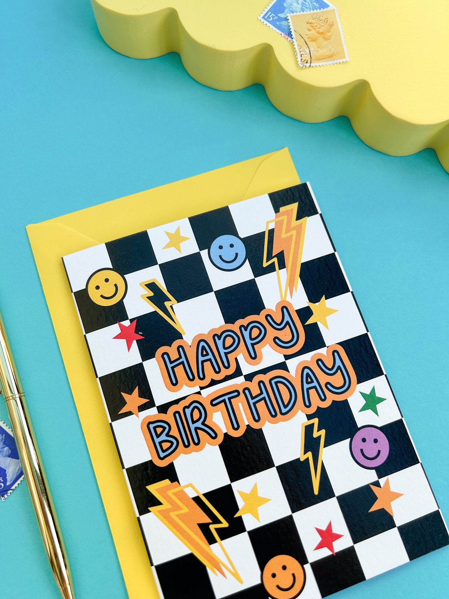 Happy Birthday Card – Fun Checkerboard Design with Happy Faces