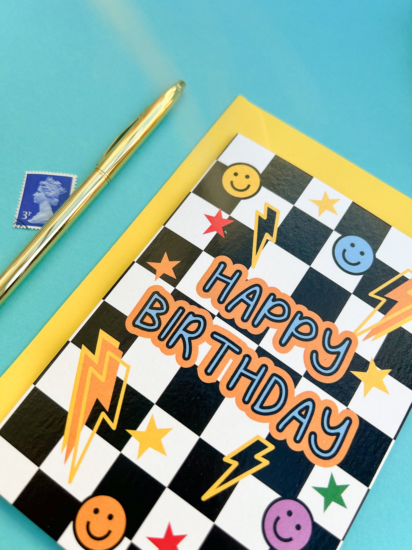 Happy Birthday Card – Fun Checkerboard Design with Happy Faces