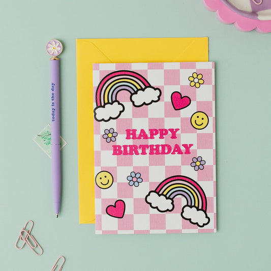 Pink Check Doodle Birthday Card